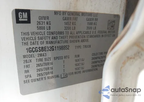 2016 Chevrolet Colorado Wt z USA, uszkodzony, nr VIN 1GCGSBE32G1198852